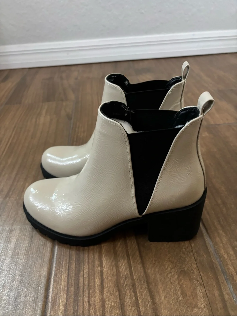 Dirty Laundry Cream Patent Chelsea Booties with Black Sole